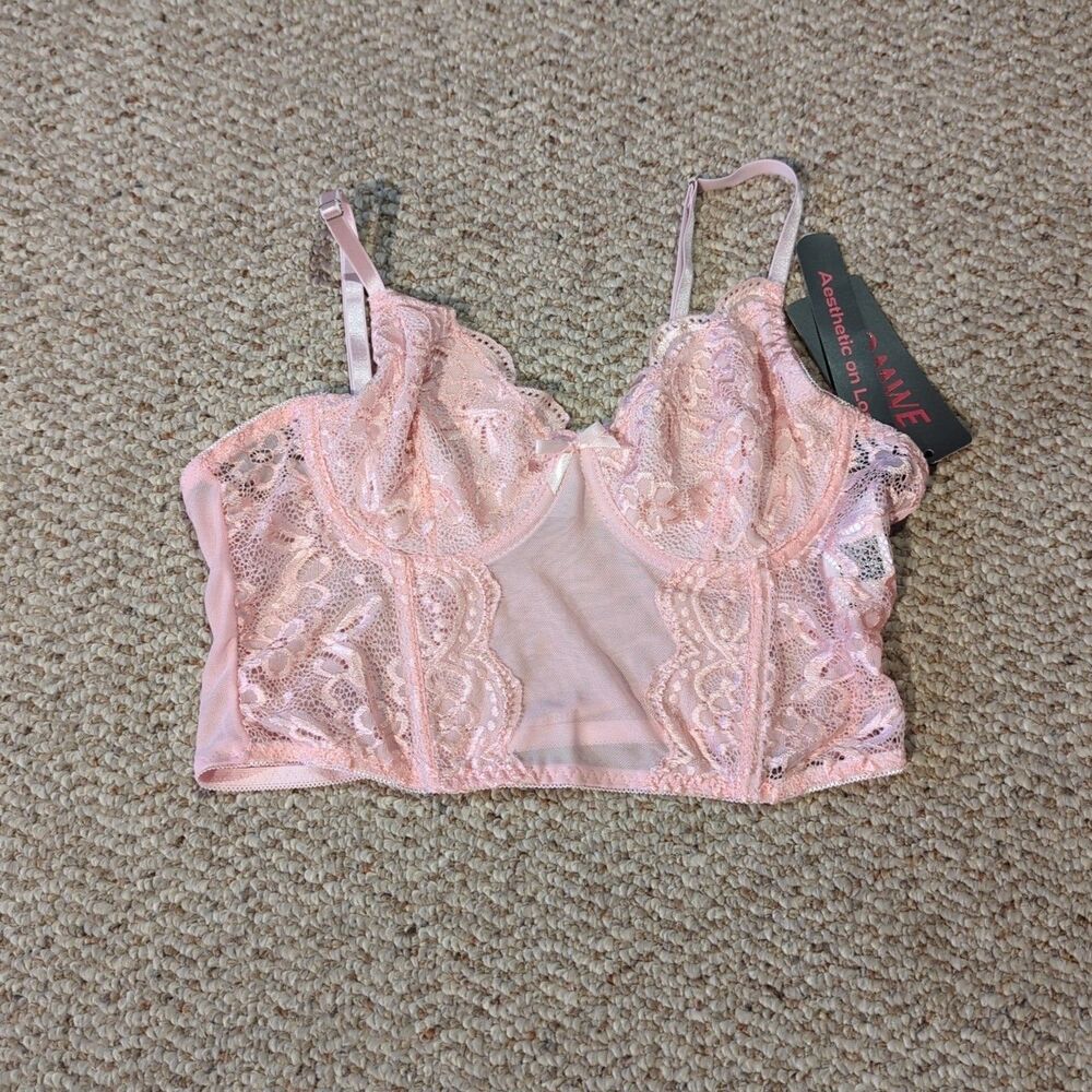 Romwe Lace Bralette Longline Corset Top Pink Medium Coquette Romantic
